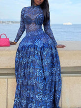 Unique Mesh Ruched Panel Print Stretch Maxi Dress